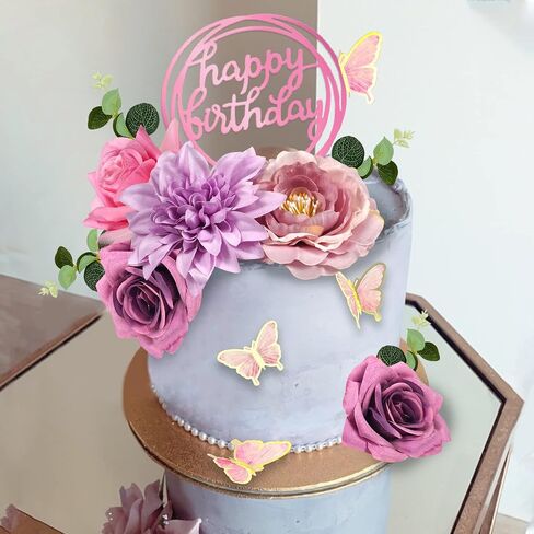 19 PCS Flower Cake Toppers Butterfly Happy Birthday Cake Decorations with Artificial Blue Rose Flowers Eucalyptus Butterflies for Party Wedding Baby Shower Supplies (Blue) in Kuwait
