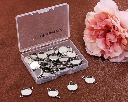 appenge 50pcs الفولاذ المقاوم للصدأ مستديرًا مستديرًا ، روابط فارغة ، موصلات صينية قلادة مع حلقات مزدوجة لأقراط سوار القلادة المفتاحية ، DIY Craft Resin Glass Making Cabochon Making Project (12 مم) in Kuwait