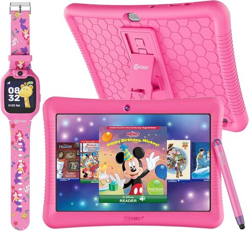 Contixo K102 10" Android Tablet and KW1 Kids Smartwatch - 32GB, Includes 80+ Disney Storybooks, Educational Watch with Games, Camera, Music Player, Alarm, Customizable Wallpaper, Pink in Saudi Arabia