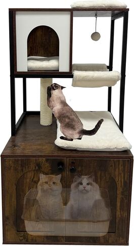 Litter Box Enclosure with Cat Tree, Corner Kitty Litter Box Enclosure Furniture Dog Proof Wooden Cats Cabinet with Condo, Plush Hammock, Scratching Post and Play Ball in Saudi Arabia