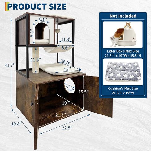 Litter Box Enclosure with Cat Tree, Corner Kitty Litter Box Enclosure Furniture Dog Proof Wooden Cats Cabinet with Condo, Plush Hammock, Scratching Post and Play Ball in Saudi Arabia