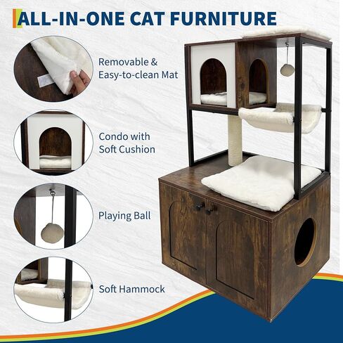 Litter Box Enclosure with Cat Tree, Corner Kitty Litter Box Enclosure Furniture Dog Proof Wooden Cats Cabinet with Condo, Plush Hammock, Scratching Post and Play Ball in Saudi Arabia