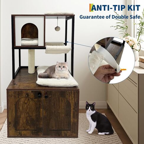 Litter Box Enclosure with Cat Tree, Corner Kitty Litter Box Enclosure Furniture Dog Proof Wooden Cats Cabinet with Condo, Plush Hammock, Scratching Post and Play Ball in Saudi Arabia