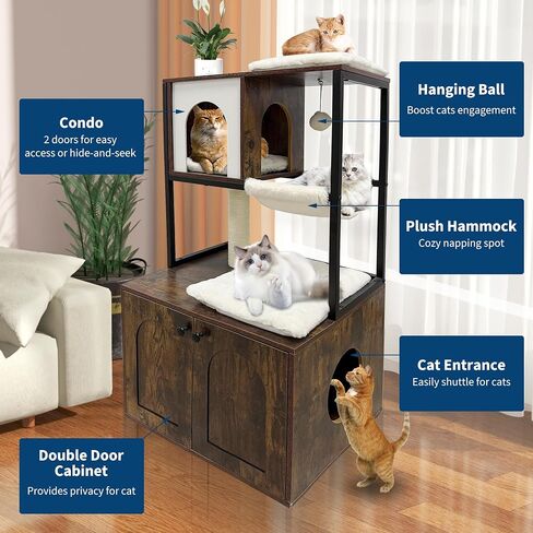 Litter Box Enclosure with Cat Tree, Corner Kitty Litter Box Enclosure Furniture Dog Proof Wooden Cats Cabinet with Condo, Plush Hammock, Scratching Post and Play Ball in Saudi Arabia