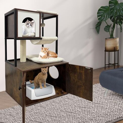 Litter Box Enclosure with Cat Tree, Corner Kitty Litter Box Enclosure Furniture Dog Proof Wooden Cats Cabinet with Condo, Plush Hammock, Scratching Post and Play Ball in Saudi Arabia