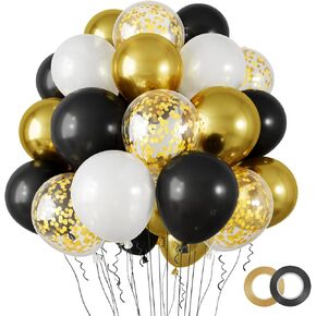 Rubfac 100pcs 12 بوصة طقم بالونات أسود وذهبي ، والذهب المعدني والبالونات الحزبية البيضاء السود