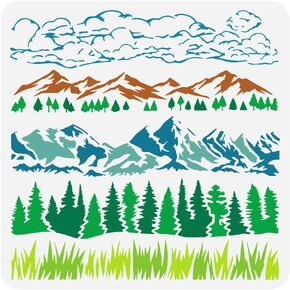 FINGERINSPIRE Natural Scenery Border Painting Stencil 11.8x11.8inch Reusable Grass Pine Trees Mountains Clouds Pattern Drawing Template Decor Stencil for Painting on Wood Wall Paper Furniture