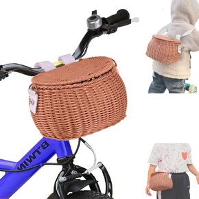 Bike Front Basket for Kids,Toddler Scooter Handlebar Basket,Multi-Purpose Crossbody Backpack Wicker Mini Cute Basket Bag for Girls