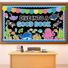 Sea Animal Bulletin Board Deves to A Book Good Reading Charge Class Decorations Summer Ocean Ocean Temper Clutouts للعودة إلى المدرسة الحضانة