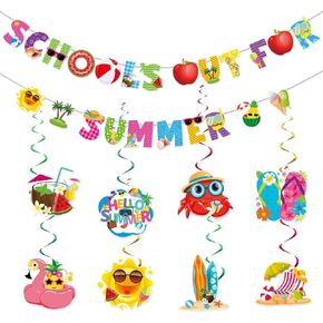 School’s Out for Summer Banner, End of School Year Theme Party Banner, Hello Summer Party Decorations, Last Day of School Party Favors Supplies, Schools Out for summer Hanging Swirls
