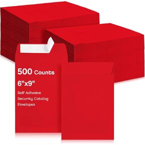 500 Counts 6 x 9 Inch Self Adhesive Security Catalog Envelopes Catalog Mailing with Adhesive Closure Envelopes for Mailing Storage Organizing Home Office(Red)