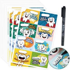 80 Pcs I Lost a Tooth Stickers with Marker Pen Writable & Waterproof Lost Tooth Stickers for School Dental Stickers for Decorating Boys and Girls Tooth Fairy Boxes