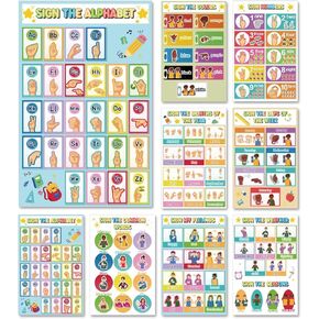 مخططات Eggsun 8PCS American Language Language مخططات للأطفال ، ASL Alphabet المطبوعات للأطفال والأطفال الصغار ، وملصقات لغة الإشارة التعليمية للفصول الدراسية والطلاب وديكور غرفة الأطفال
