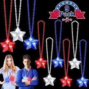 TURNMEON 9 Pack 4th of July Party Favor Light Up Necklaces Patriotic Red White Blue Party Accessories Fourth July American Stars Beads Necklaces Adults Kids National Day Independence Day Supplies