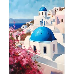 Yeeiffd DIY اليونان Santorini Diamond Painting Santorini Paint بأرقام للبالغين مجموعات فن الماس الدائرية الكاملة لديكور الغرفة وديكور غرفة المعيشة 12x16 بوصة