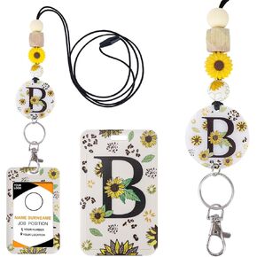 Initial Letter ID Badge Holder - Sunflower Initial S ID Card Holder with Lanyard Card Protector Beaded Silicone Breakaway Lanyard with Funny Badge Holder for Teacher Student School Gift
