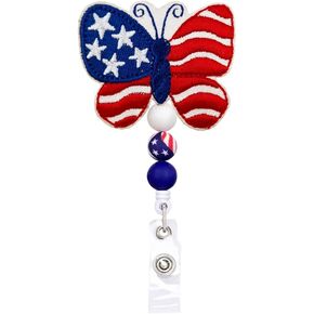 4th July Badge Reel, Silicone Beaded, Butterfly Patriotic Badge Reels Retractable, with Alligator Clip, 24 inches Thick Pull Cord