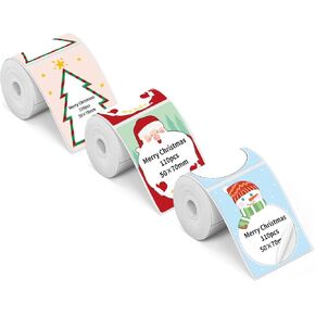 Phomemo Paper with Festival Santa Claus, Festival Tree, Cute Snowman, 1.96"*2.75"(50x70mm), Self Adhesive Festival Thermal Sticker Labels for Phomemo M110/M220/M221/M120/M200 Label Printer,3Roll