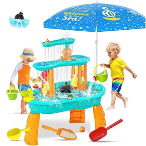 Upgraded Water Table for Toddler 3-5, 3-Tier Kids Sand&Water Activity Sensory Playset with Pump, Umbrella&Water Accessories Rain Showers Splash Pond Summer Toys Outdoor Water Play Table for Boys Girls