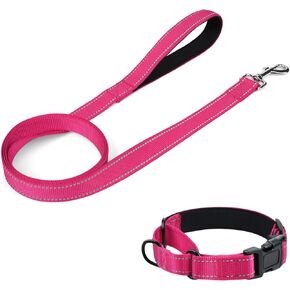 6FT x 3/4" Dog Leash and Collar (10-12"), Reflective Soft Neoprene Martingale Dog Collars and Leashes for Dogs, Hot Pink