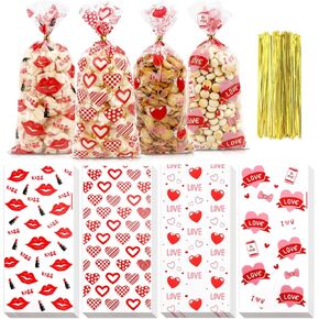 Valentine Treat Bags, Valentine Cellophane Treat Bags, Valentines Gift Bags, 60PCS Plastic Valentines Candy Bags Cookie Bags Goodie Bags with Twist Ties for Valentines Day Wedding Party Favor Supplies in Kuwait