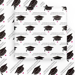 WRAPAHOLIC Graduation Wrapping Paper Sheet - 6 Sheets Black Trencher Cap with Lettering Design Folded Flat for Party, Celebration - 19.7 Inch X 27.5 Inch Per Sheet