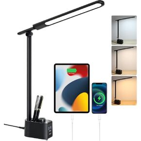 Lightess LED Desk Lamp with 2 USB Charging Ports, 50 Lighting Modes Dimmable Desk Light with Pen Holder and Clock, Foldable Desk Lamp for Home Office Home Office Reading(Black)
