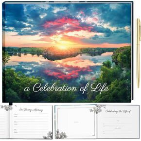 LYKX - Funeral Guest Book Set, Guest Book for Funeral Hard Cover, Sunset Celebration of Life Guestbook, Memorial Service Registry 100 Pages, Funeral Guest Books with Elegant Pen