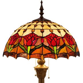 WERFACTORY Tiffany Floor Lamp Red Amber Tulip Flower Stained Glass Standing Reading Light 16X16X64 Inches Antique Pole Corner Lamp Decor Bedroom Living Room Home Office S030 Series