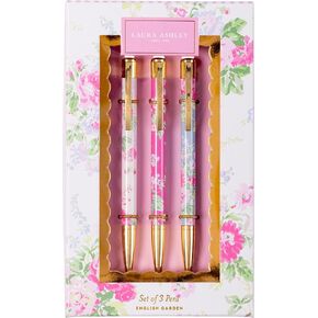 Laura Ashley Heirloom Cottage Pen Set – Elegant Refillable Ballpoint Pens with Floral Design & Gold Accents, Set of 3 in Decorative Gift Box – Smooth Writing Pens for Office, School & Journaling