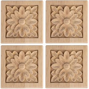 4 Pcs Decorative Wood Flower Carved Appliques Onlays, 3.9 x 3.9inch Unpainted Solid Wood Square Carving Decal for Furniture Cabinet Closet Decoration (3.9inch-4pcs-Type2)