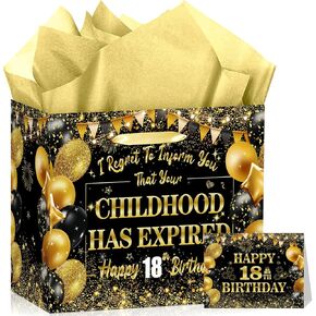 Black Gold 18th Birthday Gift Bag for Boys Girls with Childhood Has Expired Wrapping Paper Bag for 18th Birthday Party Favors Supplies