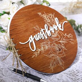 Rustic Wooden Guestbook 9'' Round Wedding Guestbook 2025 Graduation Signature Rose Book Carving Guest Sign in Book for Wedding Reception Baby Shower Birthday Funeral Graduation Party
