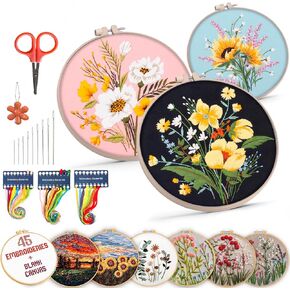 Univigo Embroidery Kit 3 مجموعات تطريز غرزة طقم لمحبي الحرف اليدوية المتقاطع مع مجموعات غرزة مع القماش التطريز أدوات ومقصات تعليمات من الحقل