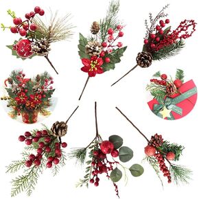 6Styles Artificial Christmas Red Berry Picks Stems Assorted Pine Picks Spray with Pinecones Holly Leaves for Christmas Flowers Arrangement Winter Crafts Party Holiday Decor