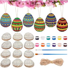 Gerrii 24 Pack Wooden Ouden Eggs الحلي للطلاء ، وقاطعات زخرفة عيد الفصح ، و 6 أنماط مختلفة ، وأقراص خشبية غير مكتملة DIY مع الطلاء والفرشاة للحرف اليدوية المعلقة عيد الفصح 3.9 بوصة
