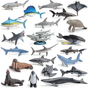 Sean Animal Model Creatures Playsets 22 PCS Mini Shark Whale Tuna Sailfish Sailfish Saterine Dolphin Manatee Sea Lion Walrus Action Figure Toys Party Gifts for Boys Girls Kids