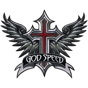 Vegasbee® Godspeed Winged Cross Wings Christian Riker Priker Protected Iron-On Patch Perfect Perfected Original Design USA 6 "متوسط ​​الحجم
