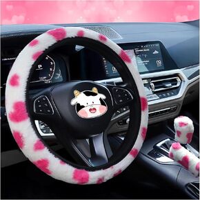 SuperKaKa 3PCS Furry Cow Print Steering Wheel Cover,Auto Fluffy Cute Cows Shift Gear & Hand Brake Covers Soft Warm Universal Car Interior Accessories for Women Men (Pink) in Kuwait