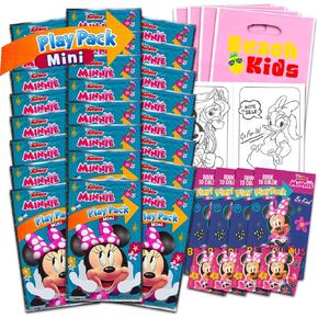 Disney Minnie Mouse Party Party مجموعة عيد ميلاد - حزمة مع 24 حزم اللعب | كتب تلوين صغيرة ، ملصقات ، لأكياس Goodie | إمدادات حفلات ميني ماوس