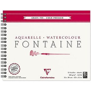 Clairefontaine 96314C Spiral Album Fountain – 12 Sheets of White Watercolour Paper 100% Fine Grain Cotton Professional Quality 24 x 30 cm 300 g