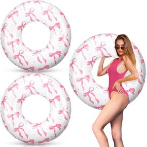 ShinyRelief Pink Bow Pool Float Inflatable Pool Float Tube 48 Inch Large Bow Swimming Rings Swim Rings with Sprinkles Pink Bow Pool Floatie Blow Up Swimming Raft for Adults Beach Party Supplie