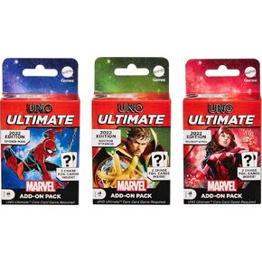 Mattel Games Uno Ultimate Marvel Add-on 3 عبوات مع بطاقات شخصية قابلة للتحصيل وبطاقات رقائق 2 ، تشمل Spider-Man و Dr. Strange و Scarlet Witch