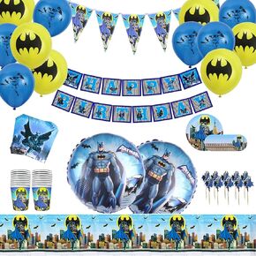 يقدم مستلزمات حفلات عيد ميلاد Bat-Man 20 ضيفًا تشمل لوحات ، مناديل ، أكواب ، بالونات ، غطاء طاولة ، لافتة عيد ميلاد ، أغطية كب كيك وأعلام مثلث للأطفال المراهقين الرجال