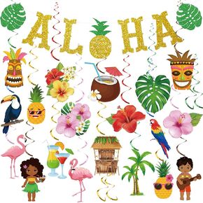 25 Pcs Hawaiian Aloha Party Decorations Gold Glittery Aloha Banner and Hanging Swirls Tropical Theme Party Supplies Include Banner Flower Palm Flamingo Foil Ceiling for Luau Beach Decor