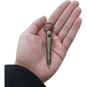 Origin-Joy Mini EDC Brass Pen, Small Travel Bolt Pocket Pen, Short Compact Tactile Turn Metal Ballpoint Pen With 2 Mini Replacement Refills (Retro Black, Quick Release Keychain)