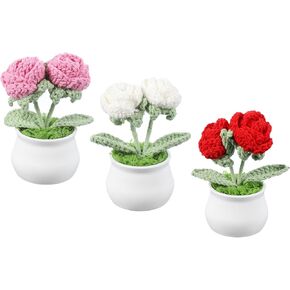 PATIKIL Crochet Flowers, 3 Pcs Knitting Crochet Flowers 2 Head Rose Potted Plants Handmade Flowers Birthday Wedding Car Gift Home Decor, Pink/Red