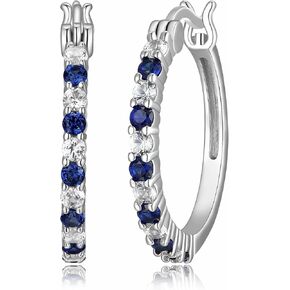 Sterling Silver Alternating Created Blue and White Sapphire Hoop Earrings