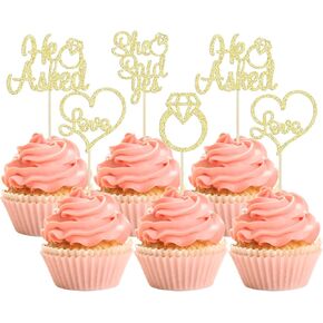 12 Pcs He Asked She Said Yes Cupcake Toppers, Glitter Diamond Ring Heart Love Cake Picks Suitable for Wedding Engagement Bridal Shower Theme Party Cake Decorations Supplies - Gold