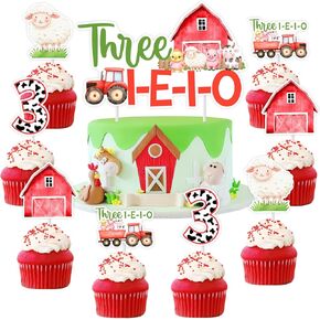 Cheereveal 13pcs Farm 3rd عيد ميلاد ديكورات كعكة ، Three I E I O Cake Cupcake Toppers ، Pink Farmhouse Barnyard Three Bday Baby Shower Cupcake Picks Supplies